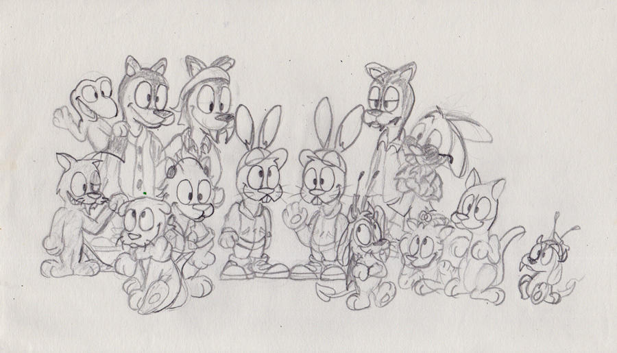 A pencil sketch of Dynamite and Detonator standing in the middle of a crowd of animal friends.