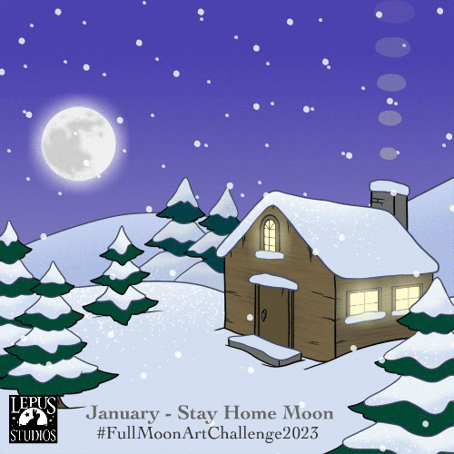 A small, cozy cabin sits in a field of snow. Snow is heavy on the cabin's roof and on the pine trees around it. Snow is falling from the sky. The house still looks warm and welcoming. Lights are lit in all the windows and small puffs of smoke are coming from the stone chimney. In the distance, the full moon can be seen close to the horizon.