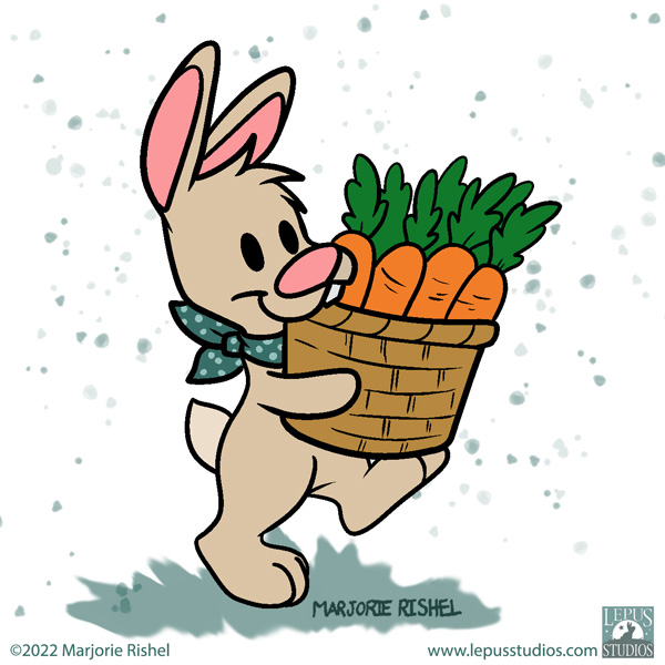 A simply-drawn rabbit carries a bushel of carrots.